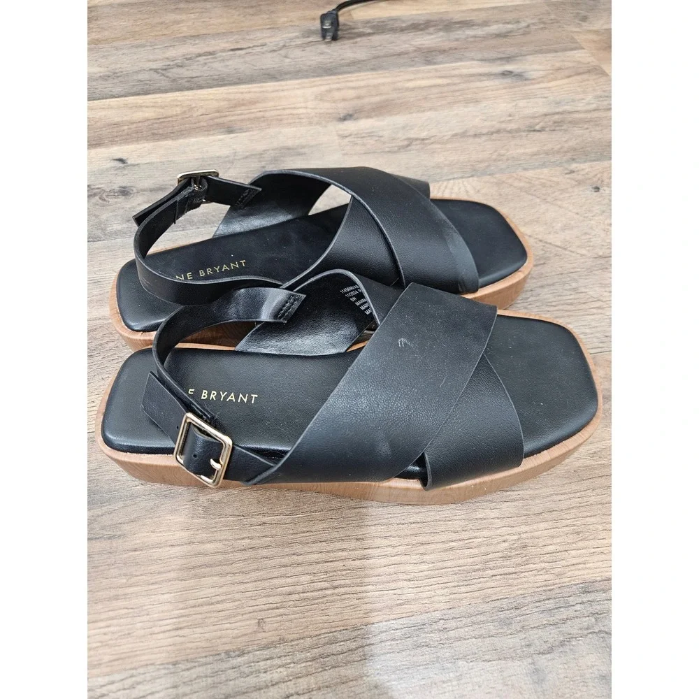Lane Bryant Black Crisscross Slingback Platform Sandals 8W Wood Grain Sole BNWT‎